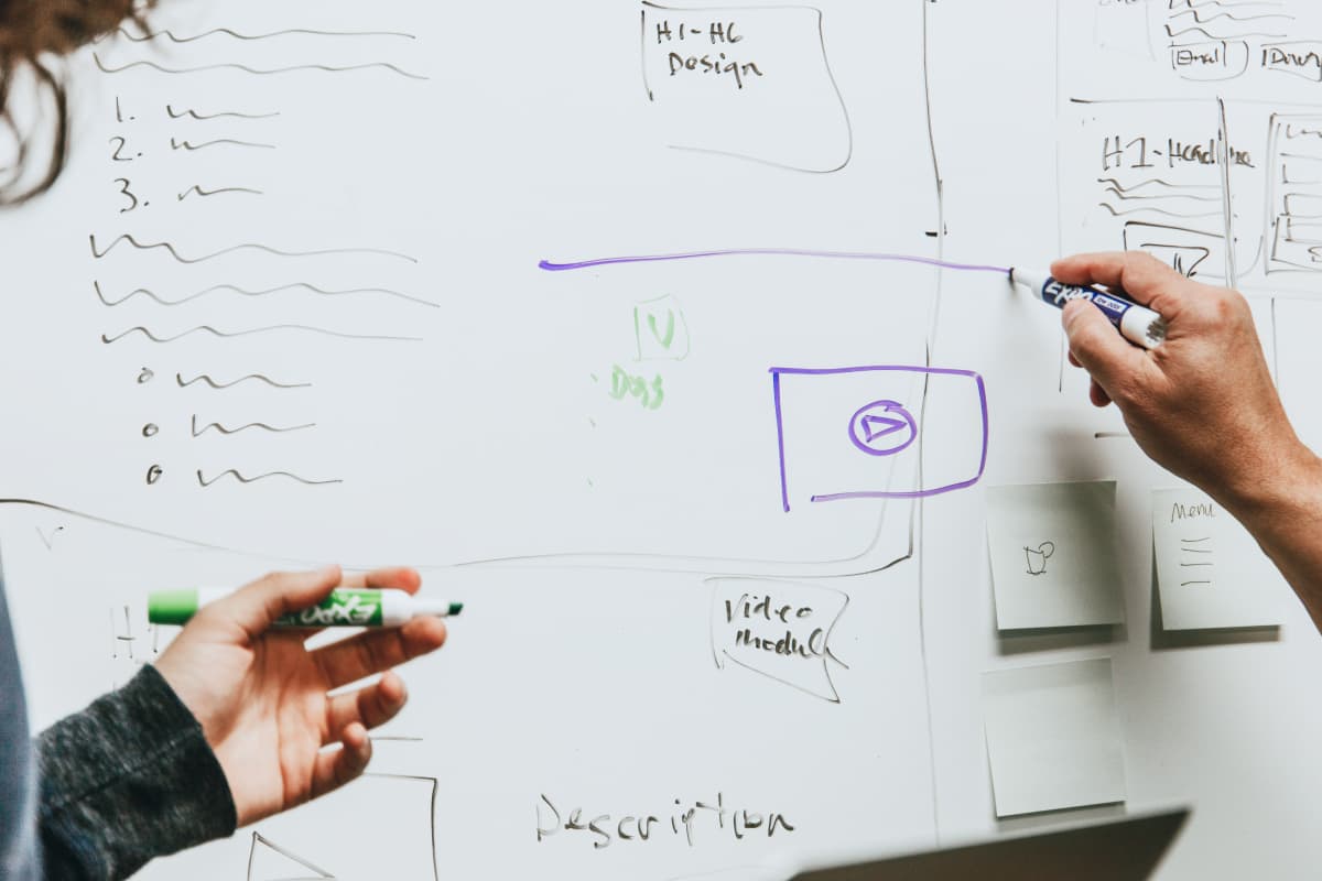 Two people prototyping designs on a whiteboard